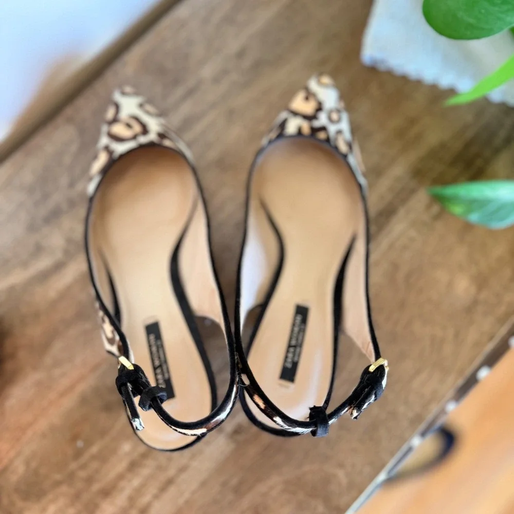 Zara Woman Slingback Heels Womens 38 Leopard Print Calf Hair Kitten Heel Pointed